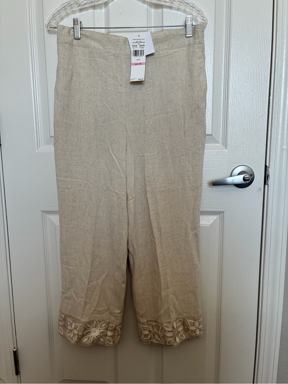 Alfred Dunner Beige Cropped Wide-Leg Pants with Embroidered Hem